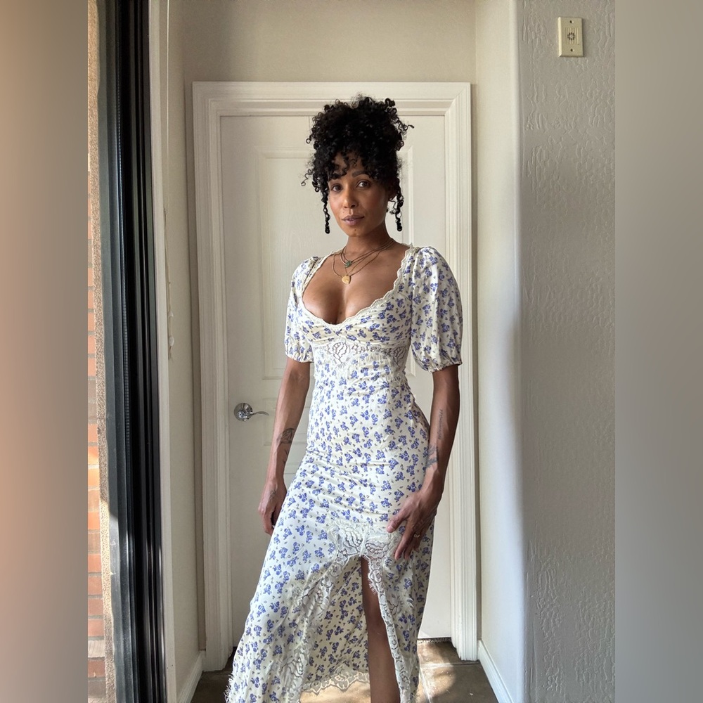 Urban Outfitters Cream Blue Flower Lace-Trim Floral Midi Dress